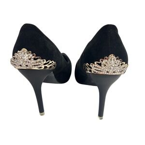 Glam Stiletto Pumps Rhinestone Crown Heel 7.5 Black Formal Prom Evening Heels